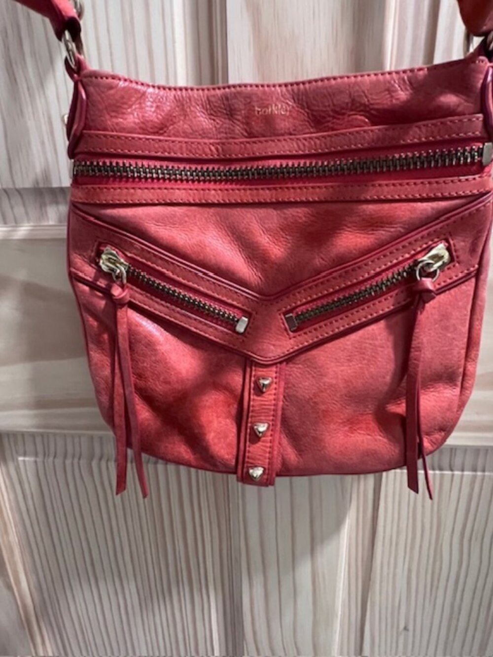 BOTKIER Trigger Satchel, brick red distressed leather dual front zipper tassels‎